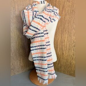 Maeve Anthropologie Oversized Plaid Scarf Wrap 30x76 Fringe Cream‎ Navy Coral